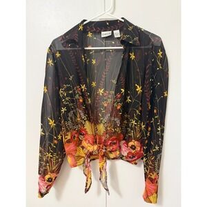 Chico's Floral 100% Silk Tie Front Long Sleeve Wrap Blouse Size 0 Retro Boho